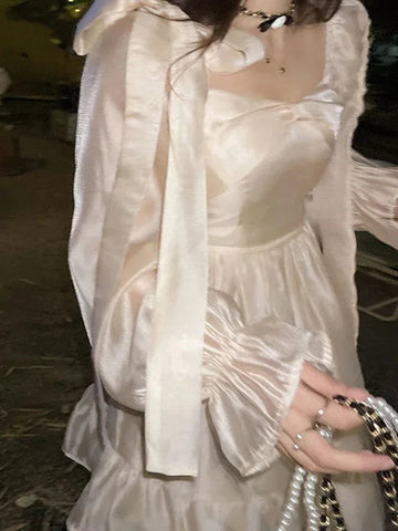 Voguable Winter Korean Long Sleeve Casual Lolita Dresses FeVintage Y2K Beige Mini Dress Kawaii Blue One Piece Dress