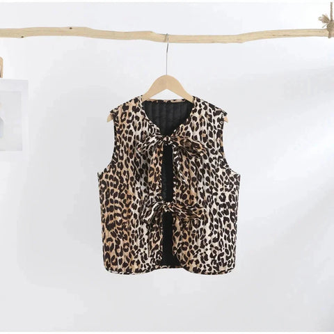 Leopard Waistcoat y2k Clothes Round Neck Sleeveless Tie Up Cardigan Tops 2000s Aesthetic Clothing Streetwear