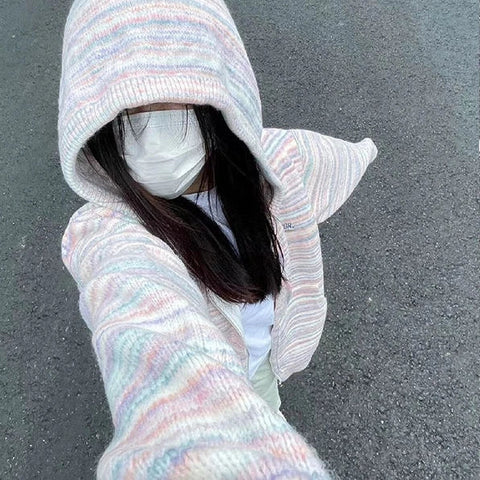 Japanese Y2k Rainbow Striped Kawaii Cardigans All Match Hooded Sweaters Loose Zipper Grunge Knitted Coat Pull Femme