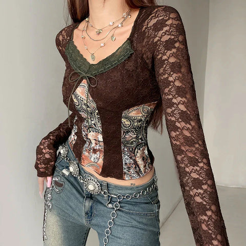 Brown Transparent Lace Sleeve Crop Top Grunge y2k Floral Print Square Collar T-shirt Retro Shirt Vintage 2000s Tees