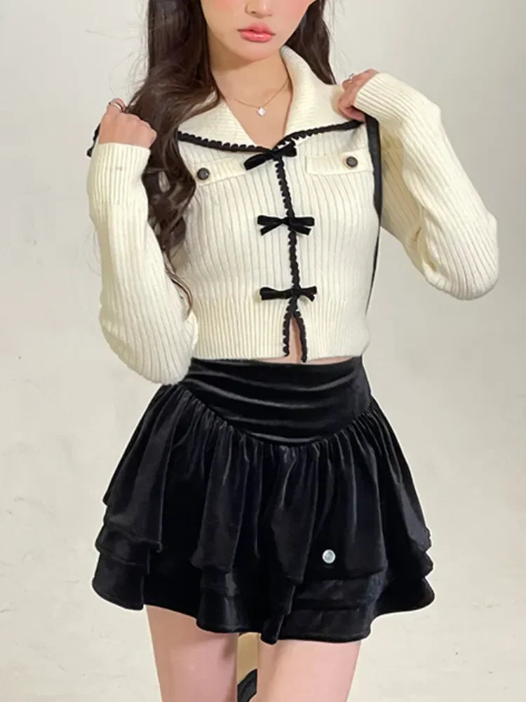 Voguable  Pink Sweet Cardigan Long Sleeve Y2k High Waist Knitted Coats Tops Japan Style Bow Sweaters Kawaii Slim Fit Women