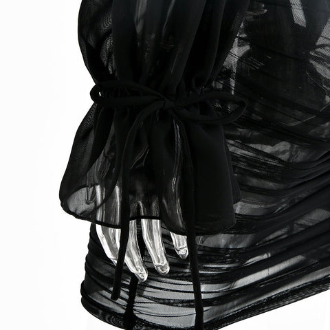 Voguable  Spaghetti Strap Long Lantern Sleeves Ruched Mini Dresses Woman Y2k Mesh Vintage Dress Club Party Vestidos