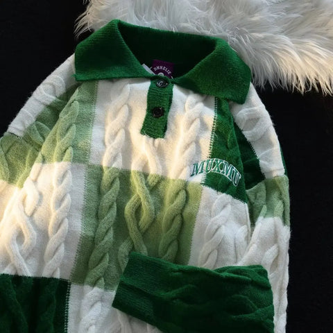 Voguable Vintage Plaid Green Knitted Sweater Checked Pullover Y2K Blue Sweaters Winter Harajuku Japanese Streetwear