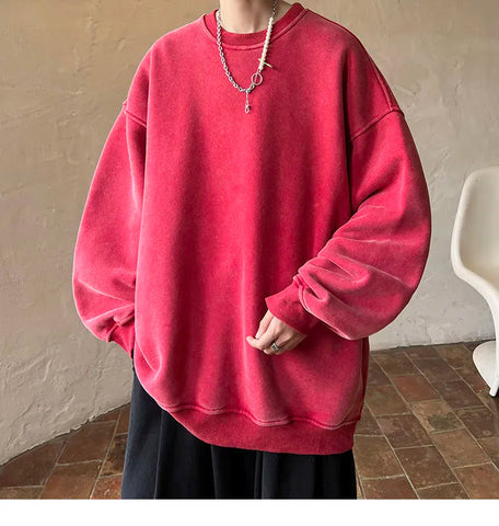 American Washed Old Pullovers Sweatshirts Loose Solid Color Large Size Warm O Neck Tops Hip Hop Y2k Sweatshirt