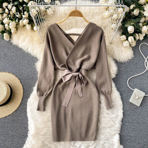 Y2K Casual Vestidos Dress  Winter Bodycon Knitted Sweater Dress Elegant  Office Ladies Dress