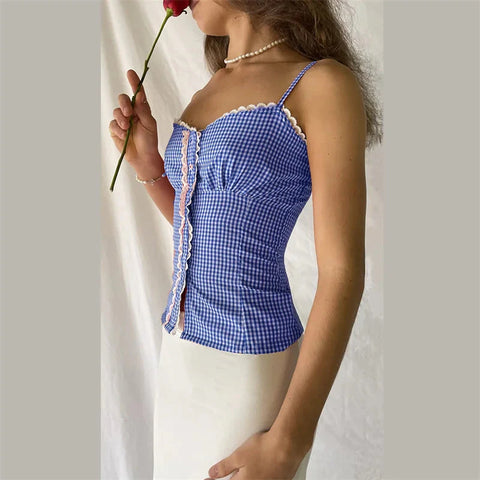 y2k Tops for Plaid Print Lace Trim Spaghetti Strap Sleeveless Single Breasted Camisole Sweet Coquette Clothing