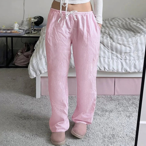 Drawstring Low Rise Pink Casual Pants y2k Basic See Through Pants y2k Aesthetic Straight Trousers for Korean Style