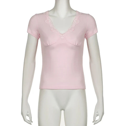 Voguable Kawaii Lace Patchwork V-neck Top Pink Casual Basic Short Sleeve T-shirts Sweet Japanese Style Y2K  Slim-fitting Tees