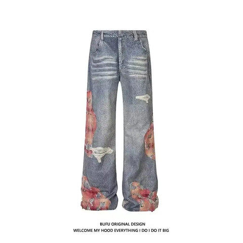 Hip Hop Ripped Wide Leg Trousers American casual jeans  Y2K washed distressed High Waist Baggy Straight demin pants