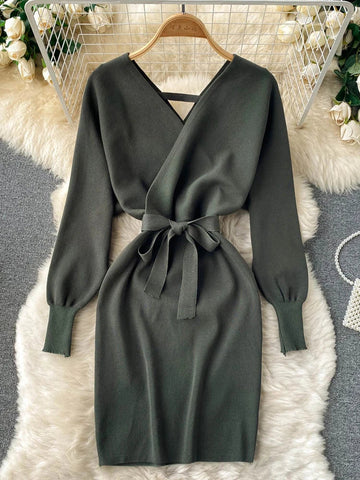 Y2K Casual Vestidos Dress  Winter Bodycon Knitted Sweater Dress Elegant  Office Ladies Dress