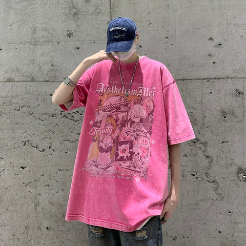 High Street  American Short Sleeve T-shirt Graffiti Loose Washed Trend Y2k Casual Top Tshirt Streetwear Cotton Tees