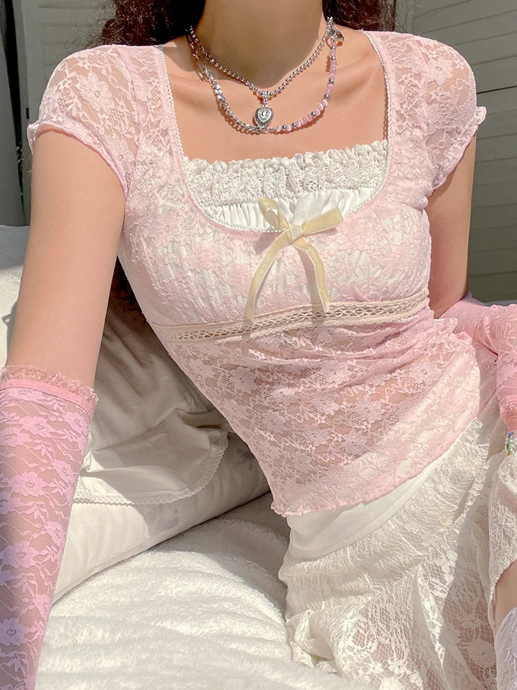 Voguable  Bow Patchwork Lace Crop Top Y2K Aesthetic T-shirt Short Sleeve Kawaii Clothes Lolita Style Cute Pullovers Fairycore Tee