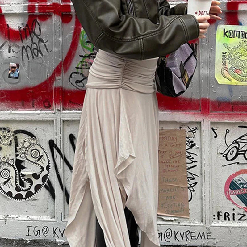 Folds Split Long Skirt Low Rise Loose A-line Midi Skirts For Casual y2k Ladies Holiday Outfits Harajuku 90s