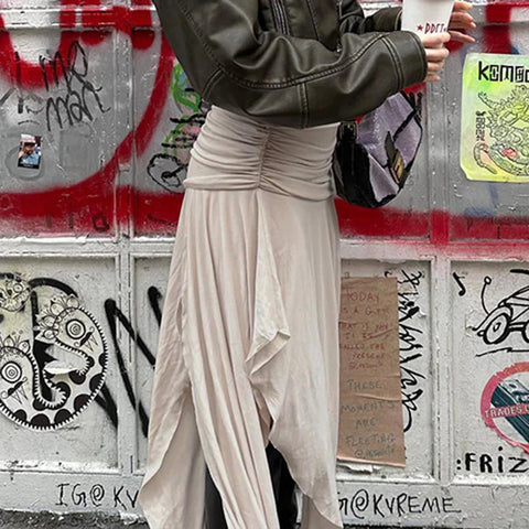 Folds Split Long Skirt Low Rise Loose A-line Midi Skirts For Casual y2k Ladies Holiday Outfits Harajuku 90s