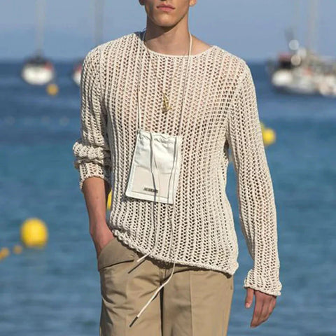 Y2k Oversized T-Shirt Pullover Sweater Meshed Hollowed-Out Long Sleeves T-Shirt