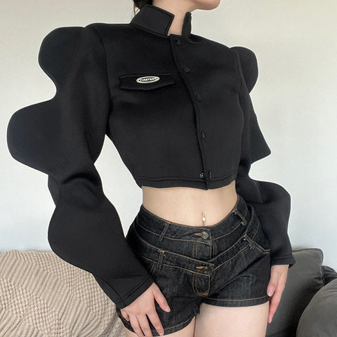 Streetwear Turtleneck Shirts For Long Sleeve Buttons Crop Tops Baggy Black Y2K Design Shirt Female
