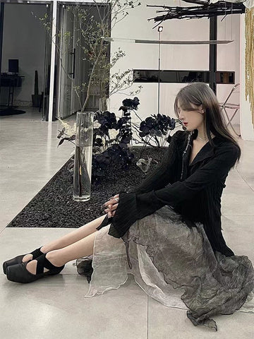 Voguable Gothic Black Shirt Yamamoto Style Dark Aesthetic Blouse Irregular Designer Clothes Emo Alt Clothes Grunge Tops Y2k