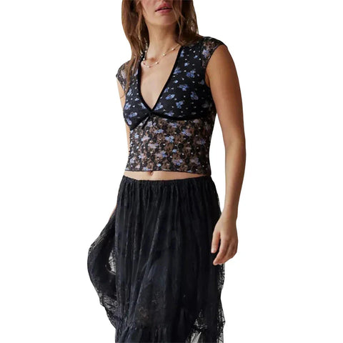 Sheer Crop Top 2000s See Through V Neck Sleeveless Floral Lace Tanks Slim Fit Vest y2k Aesthetic Clothing