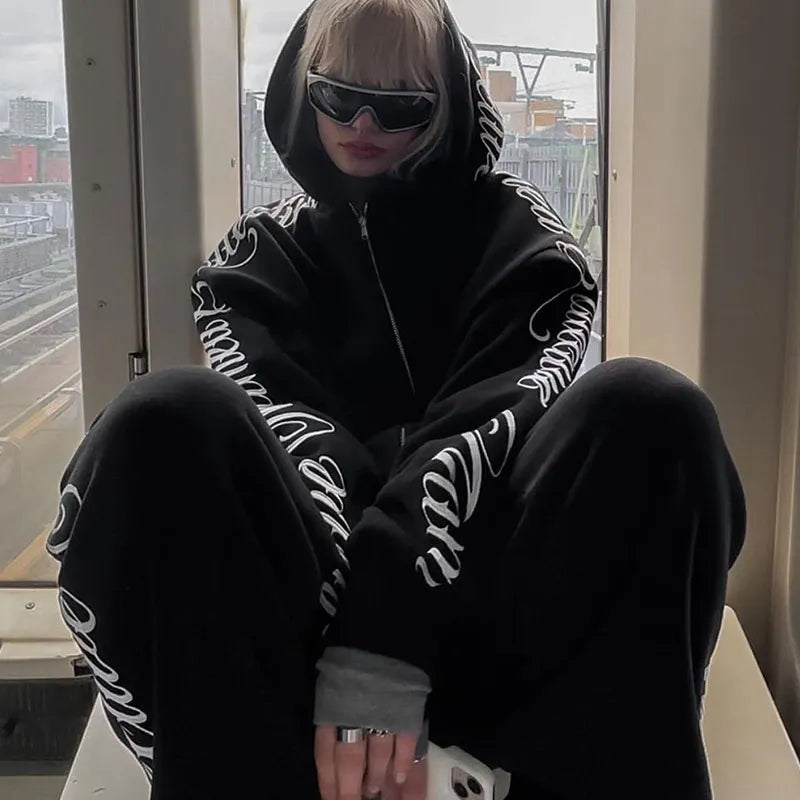 American Winter Sweatshirt Y2k Gothic Hip Hop Couple Hoodies Print Harajuku Zip Up Oversized Punk Grunge Black Jacket