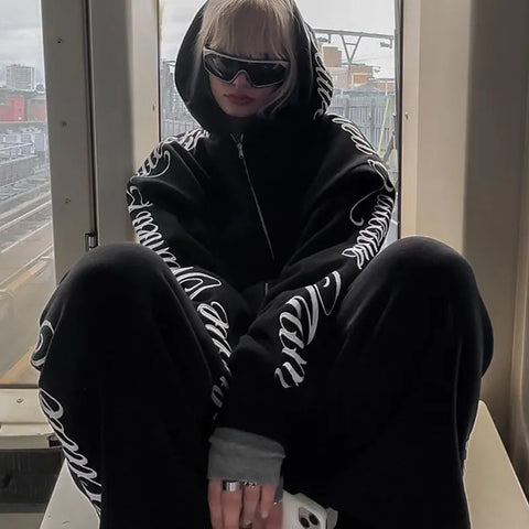 American Winter Sweatshirt Y2k Gothic Hip Hop Couple Hoodies Print Harajuku Zip Up Oversized Punk Grunge Black Jacket