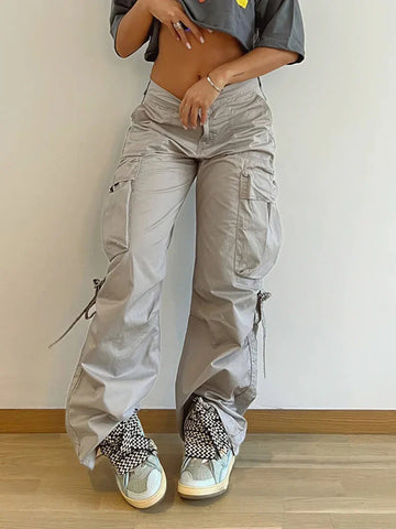 Voguable  Cargos Style Parachute Pants Low Waist Joggers Harajuku Pockets Baggy Wide Leg Trousers y2k Streetwear Casual