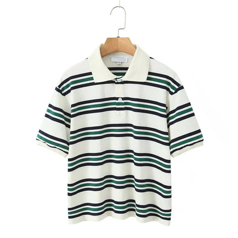 American Retro Contrasting Striped T Shirt Polo Collar Short Sleeve Preppy Vintage Tees Y2K Tops