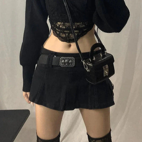 Harajuku Y2k Denim Skirt Dark Gothic Streetwear Mini Skirt with Skull Belt Mall Goth Punk Grunge Emo Clubwear