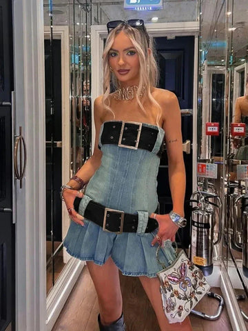 Vintage Y2k Strapless Denim Dress Bodycon Korean Kpop Belt Pleated Mini Dress 2000s Streetwear