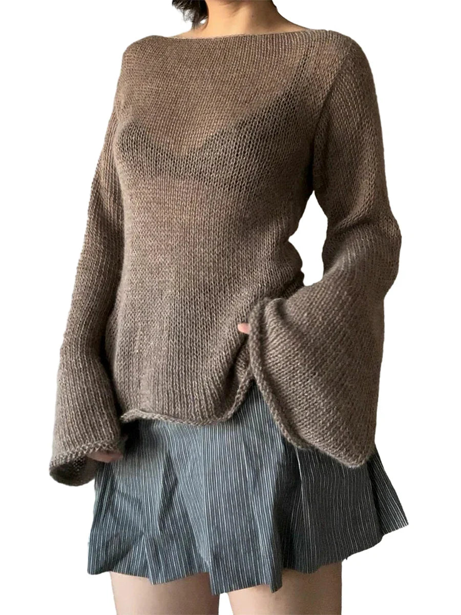 T-shirt Tie Back Sweaters Long Sleeve Boat Neck Solid Color Knit Pullover Casual Tops Streetwear Y2k Cami