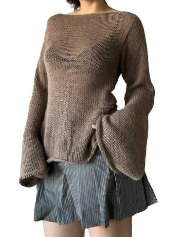 T-shirt Tie Back Sweaters Long Sleeve Boat Neck Solid Color Knit Pullover Casual Tops Streetwear Y2k Cami