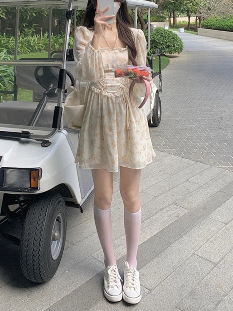 Voguable Elegant Y2K Midi Dress Casual Lace One Piece Dress Korean Sweet Vintage Floral Dress Party Long Sleeve