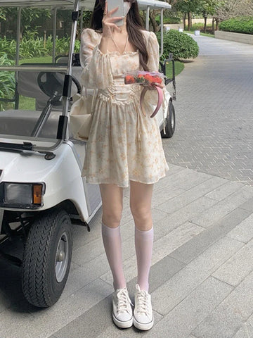 Voguable Elegant Y2K Midi Dress Casual Lace One Piece Dress Korean Sweet Vintage Floral Dress Party Long Sleeve