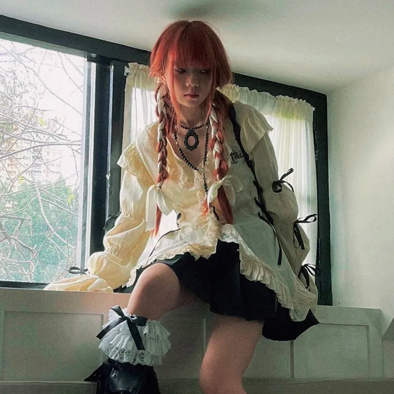 Y2k Aesthetics Lace Shirt Grunge Gothic Irregular Blouses Fairy Harajuku Bandage Shirt Vintage Lolita Clothes Mall Goth