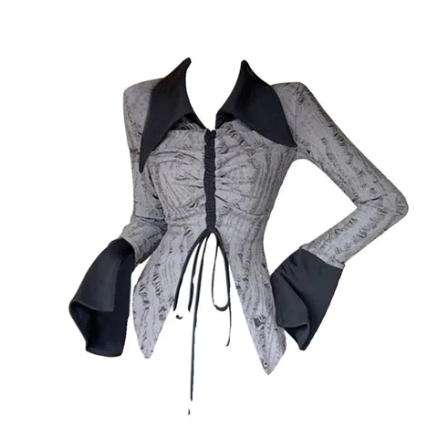 Fall Dark Academia Y2k Streetwear Gyaru Contrast Color Long Sleeve Lapel T-Shirt Gyaru Design 2000s Aesthetic Grunge Top