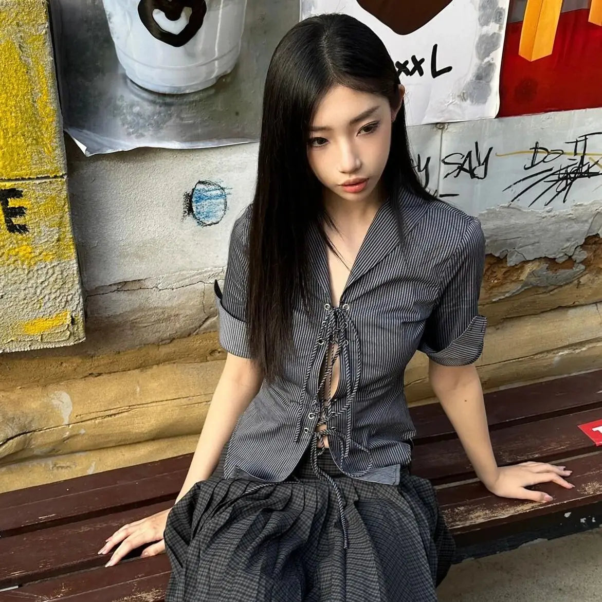 Vintage Coquette Blouses Korean Style Punk Streetwear Striped Print Bandage Hollow Out Slim Shirts Y2k