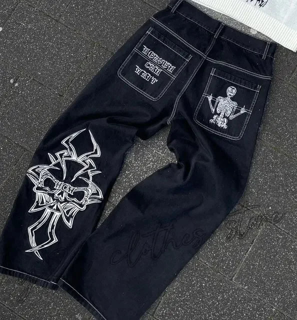 Vintage Raw Edge Embroidery Denim Pants Streetwear Distressed Patchwork Baggy Jeans for Y2k Straight Wide Leg Trousers