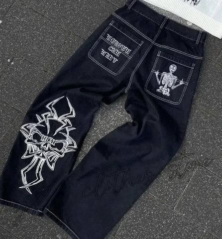 Vintage Raw Edge Embroidery Denim Pants Streetwear Distressed Patchwork Baggy Jeans for Y2k Straight Wide Leg Trousers