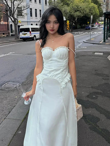 Patchwork Lace Camisole Y2K Strapless Fungus Edge Irregular Hem Tassel Skinny Backless Classic Tops