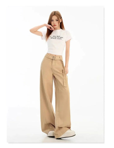 Belt Retro Khaki Jeans Y2K High Waist Loose Streetwear Denim Pants Casual American Vintage Wide Leg Trousers