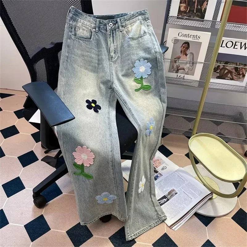 Y2K Vintage Flower Embroidered Jeans For High Street Baggy Straight Wide Leg Denim Pants Design Hip Hop Jean