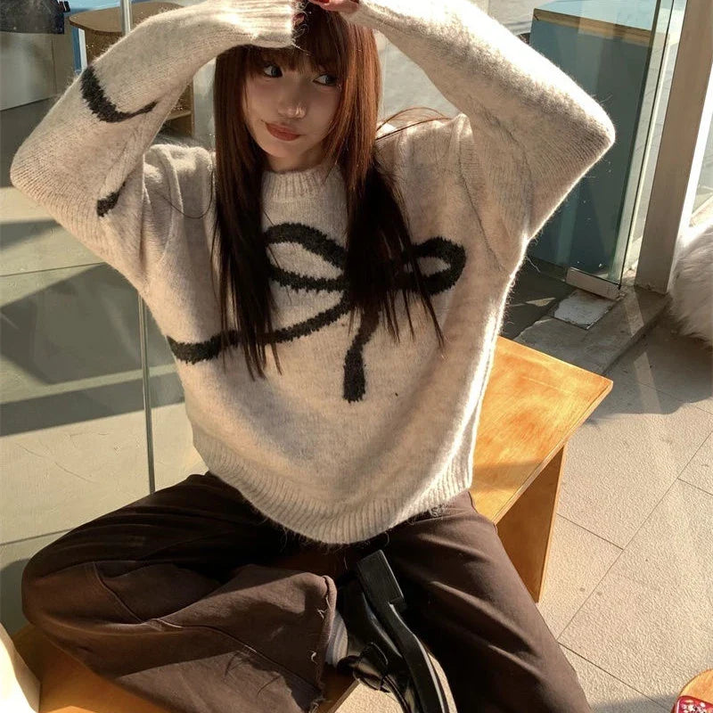 Elegant Bow Sweaters Vintage Y2k Knitted Pullovers Winter Loose Long Sleeve Aesthetics Streetwear Jumpers