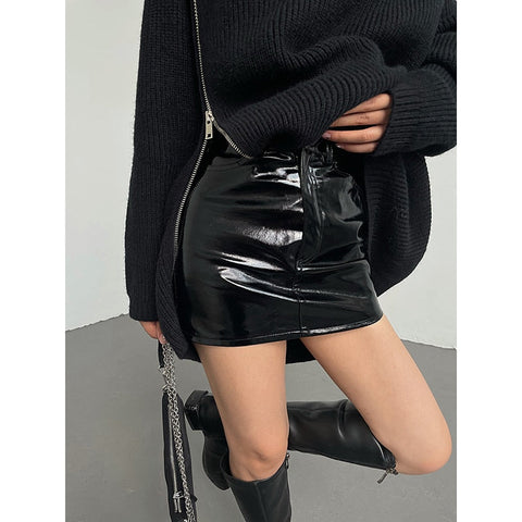 Pink Silver Reflective Shiny Patent Leather Mini Skirts for High Waist A Line Short Y2K Clothes
