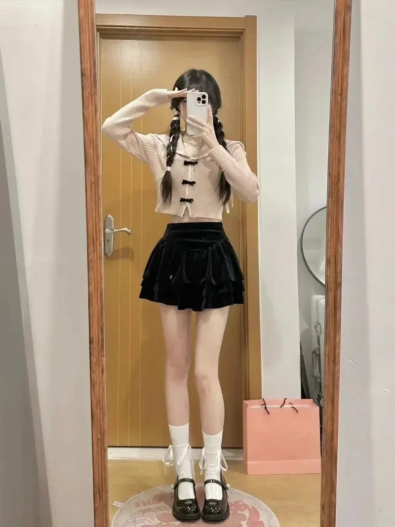 Voguable  Pink Sweet Cardigan Long Sleeve Y2k High Waist Knitted Coats Tops Japan Style Bow Sweaters Kawaii Slim Fit Women