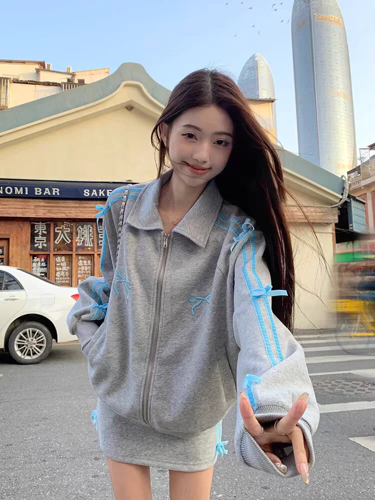 Voguable 2 Piece Skirt Sets FeY2k Clothing Zipper Bow Sweet Korean Hoodie Suits Studentseven Party Outwear
