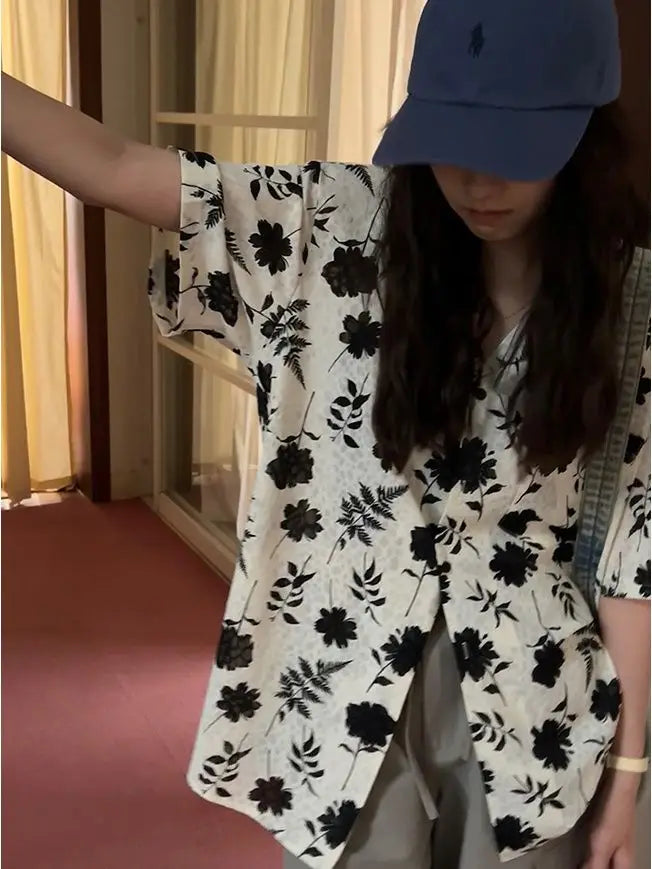 Retro loose casual temperament printed short-sleeved shirt for in lazy slim versatile floral shirt casual y2k tops