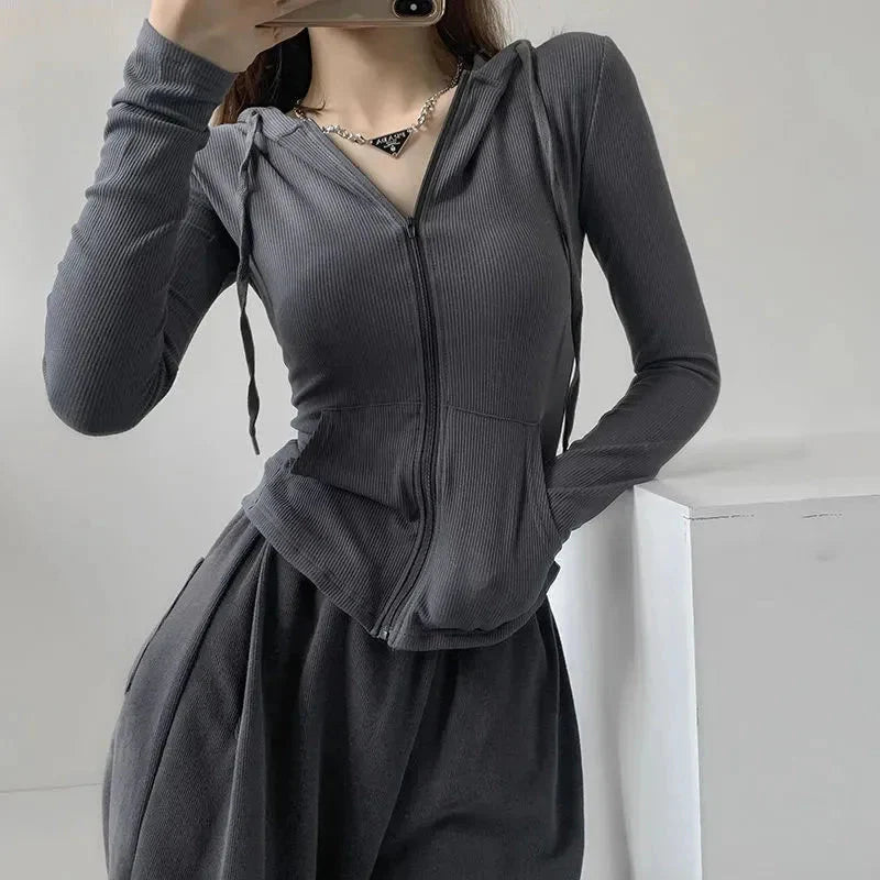 Fall Crop Hooded Cardigan Y2K Korean Slim Solid Zipper Long Sleeve Coats Harajuku Streetwear Sports Cardigan Tops