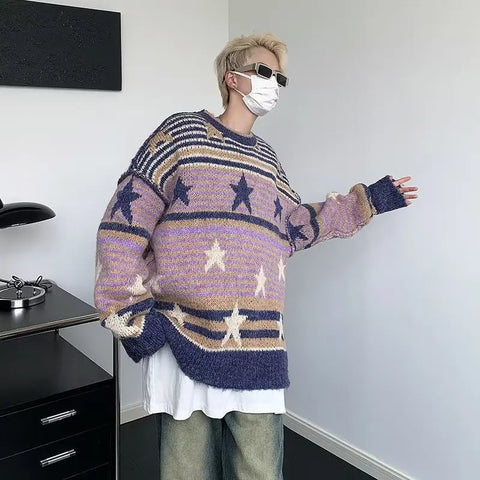 Voguable Y2K Star Sweater Harajuku Striped Knitted Pullovers Jumpers Tops Oversize Purple Winter Streetwear Hip Hop