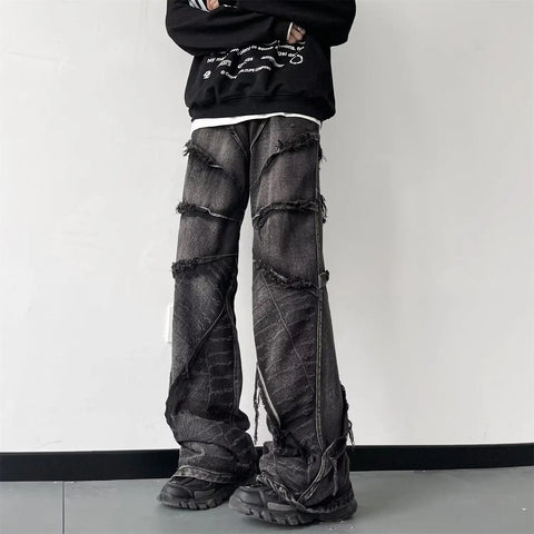 Voguable Y2K Punk Black American Street Rock Retro High Waist Oversized Jeans Raw Edge Washed Darkwear Wide Leg Trousers Men
