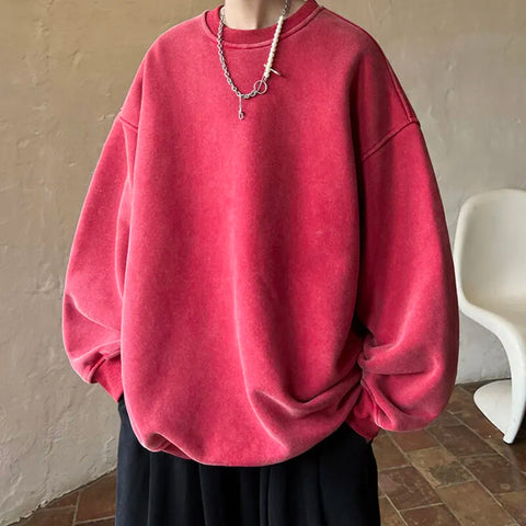 American Washed Old Pullovers Sweatshirts Loose Solid Color Large Size Warm O Neck Tops Hip Hop Y2k Sweatshirt