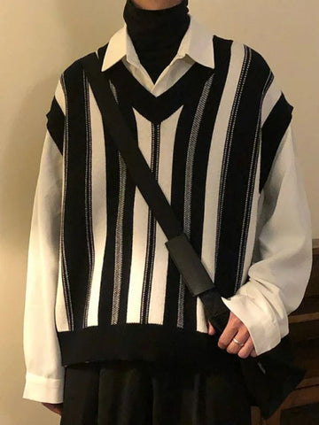 Knitted Sweaters for Y2k Vintage Waistcoat Man Clothes Striped Sleeveless Vest Aesthetic Black Korean Casual Cotton